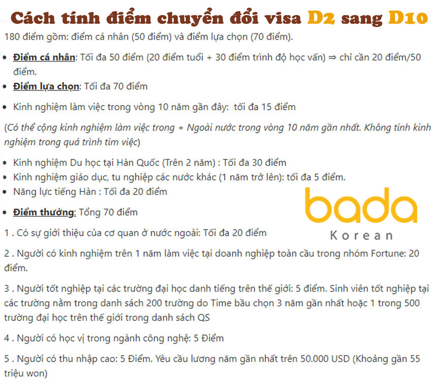 cách tính điểm chuyển visa d2 sang d10